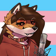 A female anthro fox with long brown hair and pink round glasses